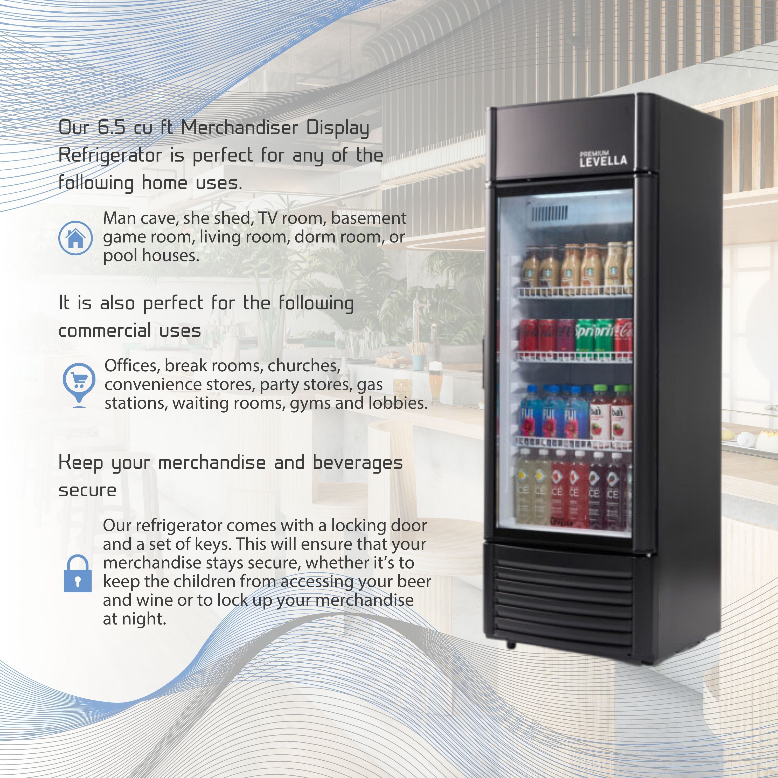 Premium Levella®  6.5 Cu. Ft. Single Glass Door Upright Display Cooler. Merchandiser Refrigerator.