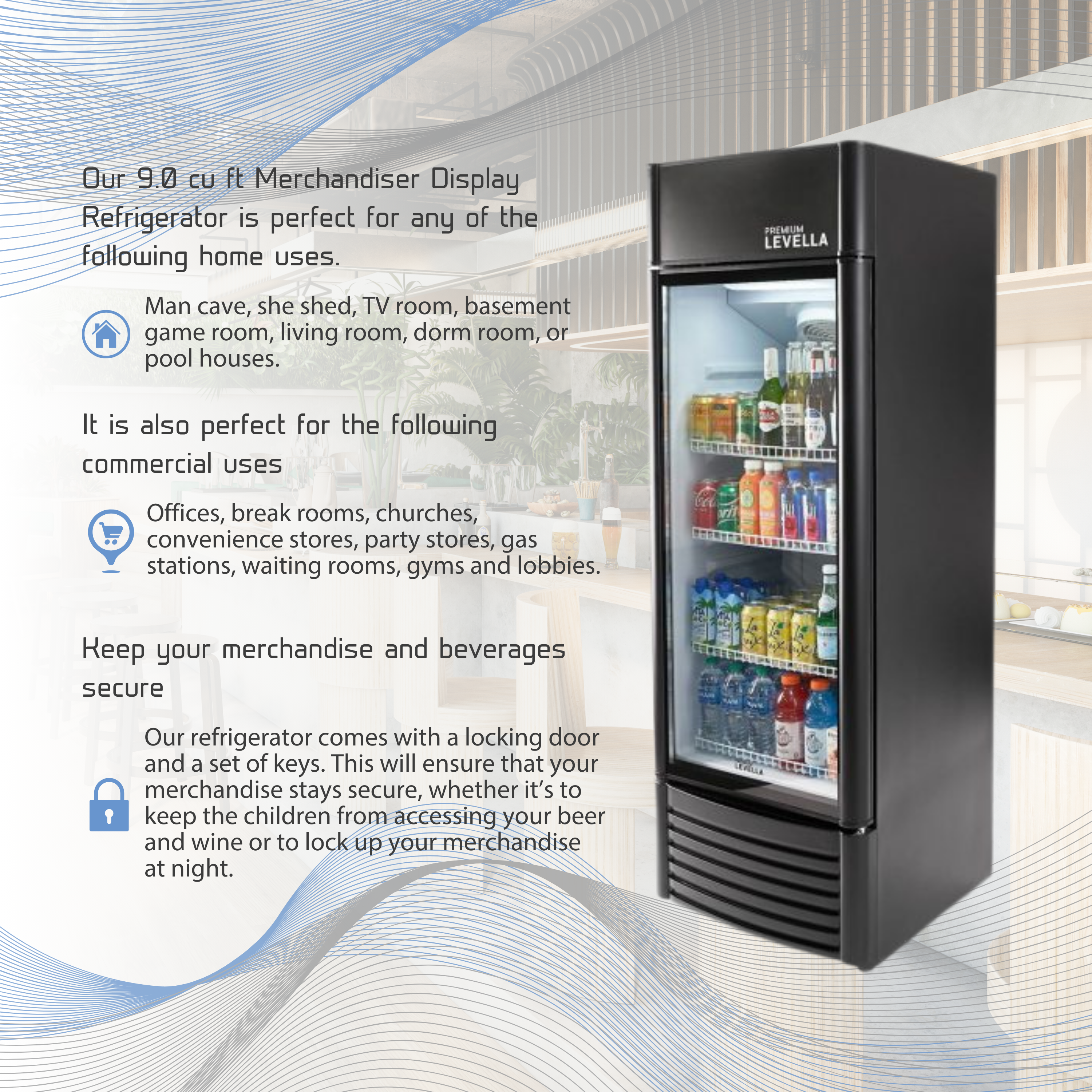 Premium Levella® 9.0 Cu. Ft. Single Glass Door Upright Display Cooler. Merchandiser Refrigerator.