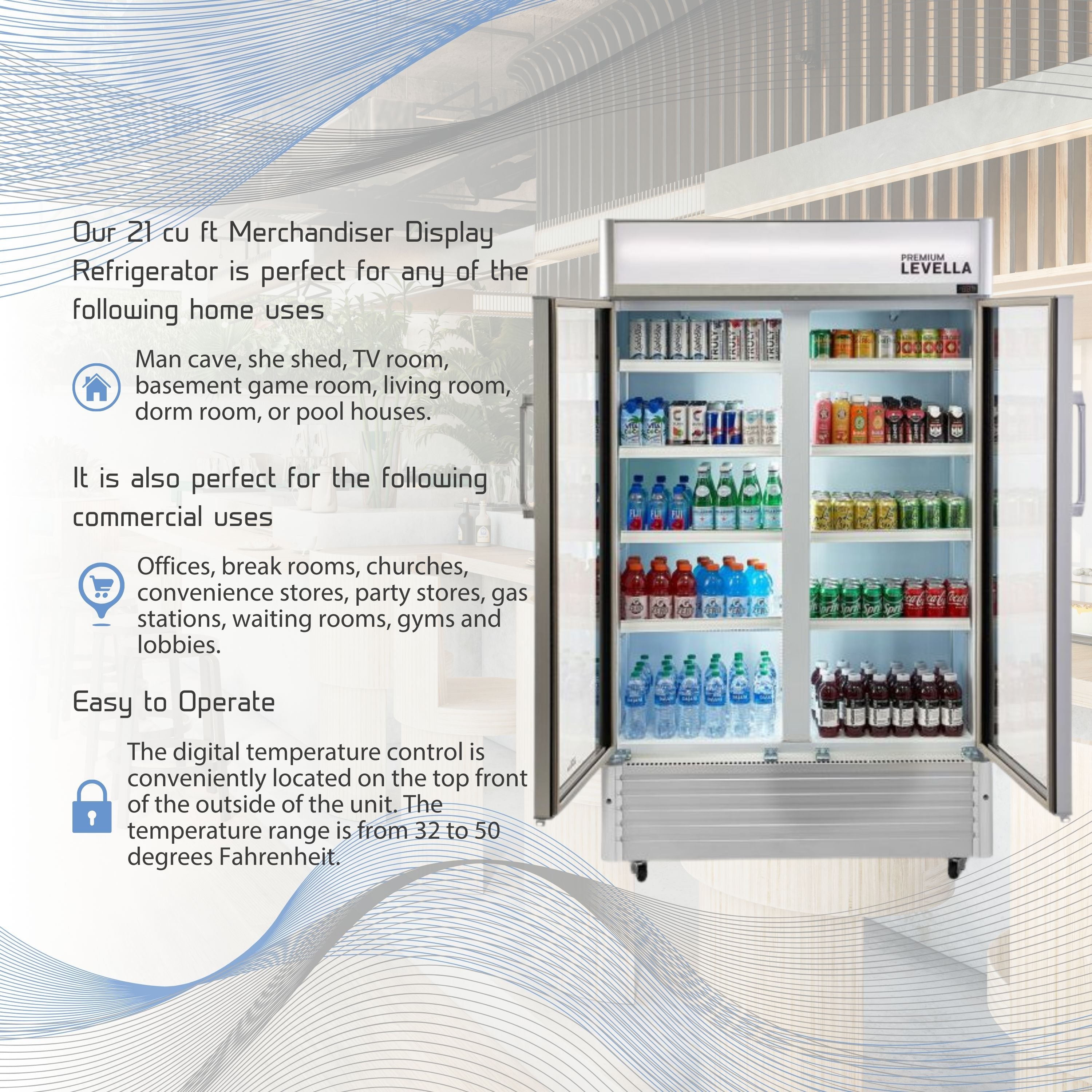 Premium Levella® 16 Cu. Ft. Double Glass Door Upright Display Cooler. Merchandiser Refrigerator.