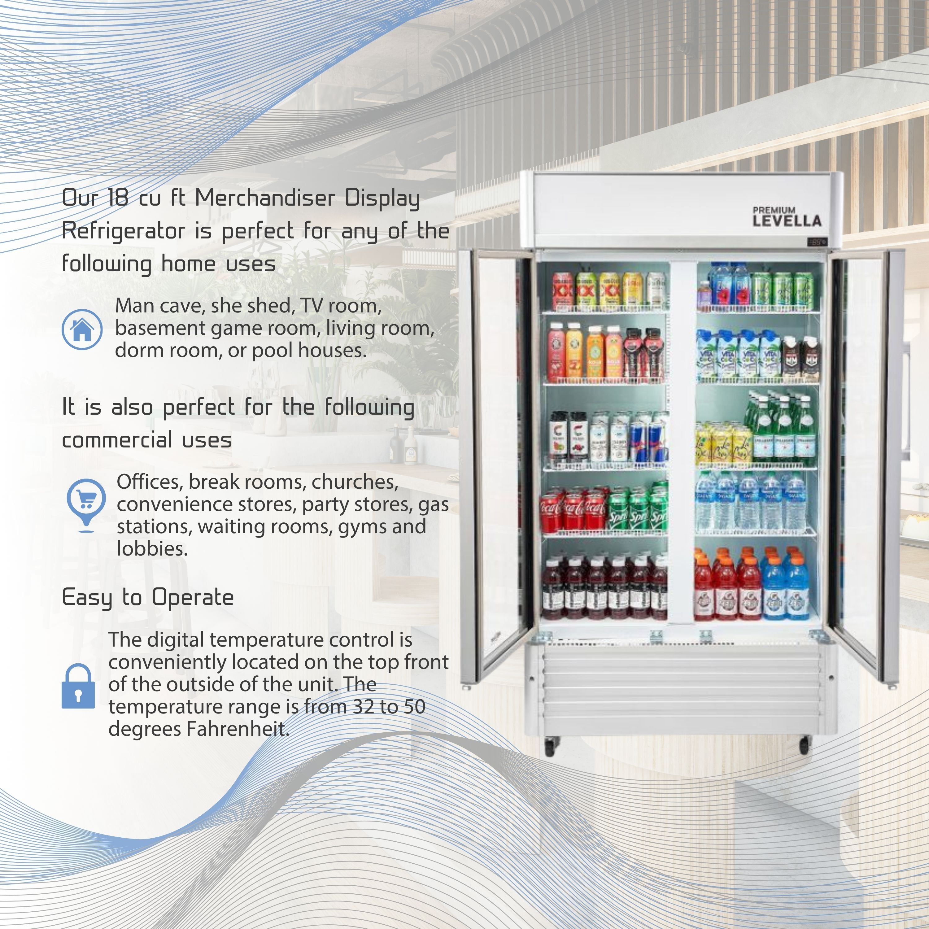 Premium Levella® 18.3 Cu. Ft. Double Glass Door Upright Display Cooler. Merchandiser Refrigerator
