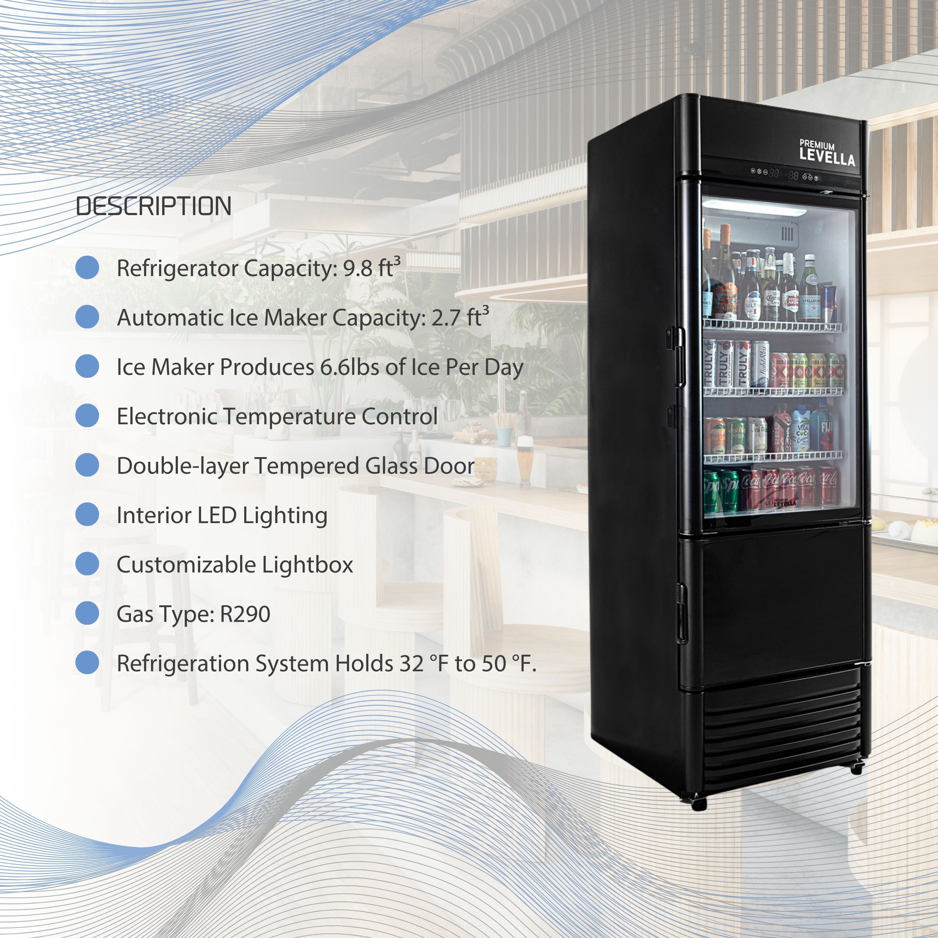 Premium Levella® 12.5 Cu. Ft. Single Glass Door Upright Display Cooler Refrigerator with Automatic Ice Maker.