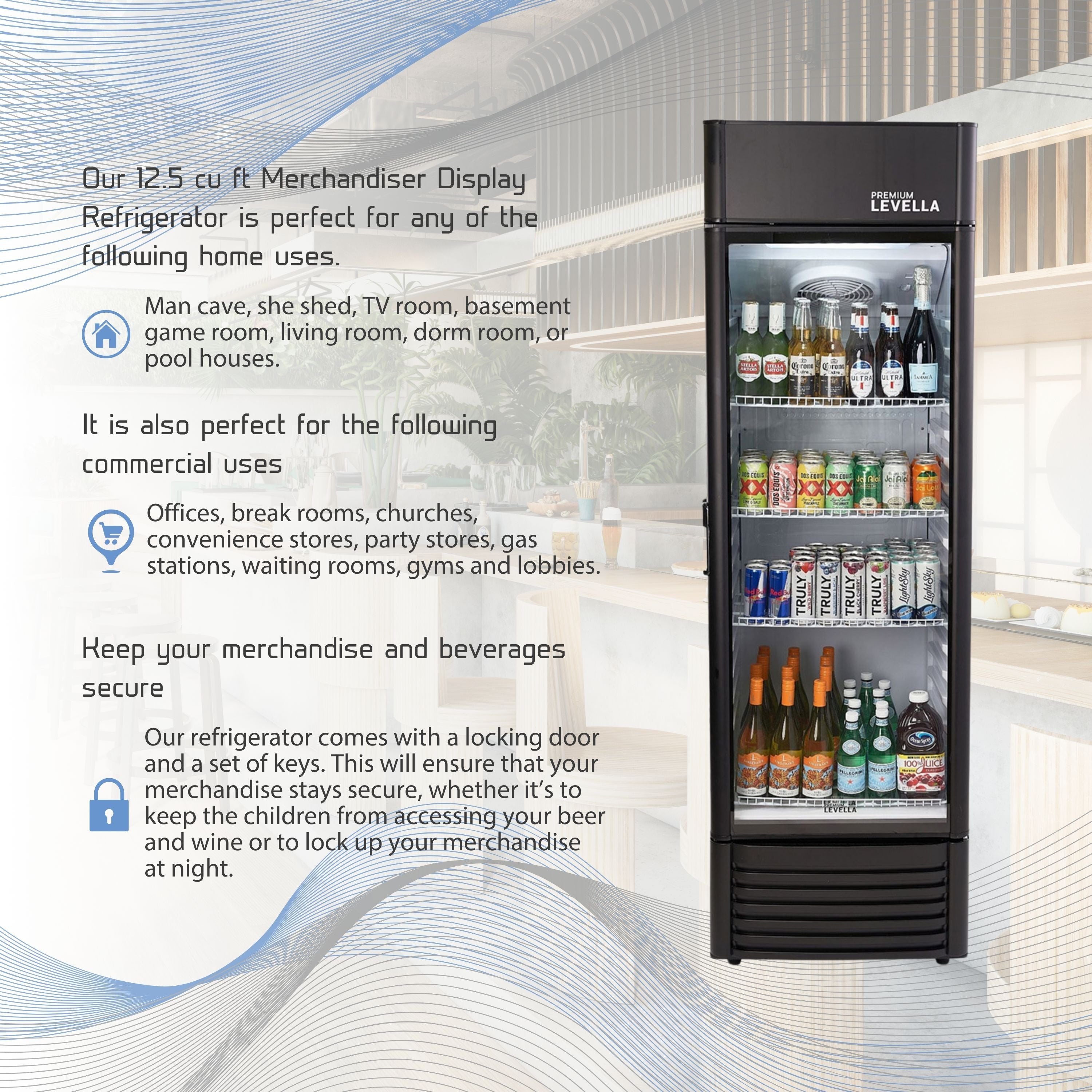 Premium Levella®  12.5 Cu. Ft. Single Glass Door Upright Display Cooler. Merchandiser Refrigerator