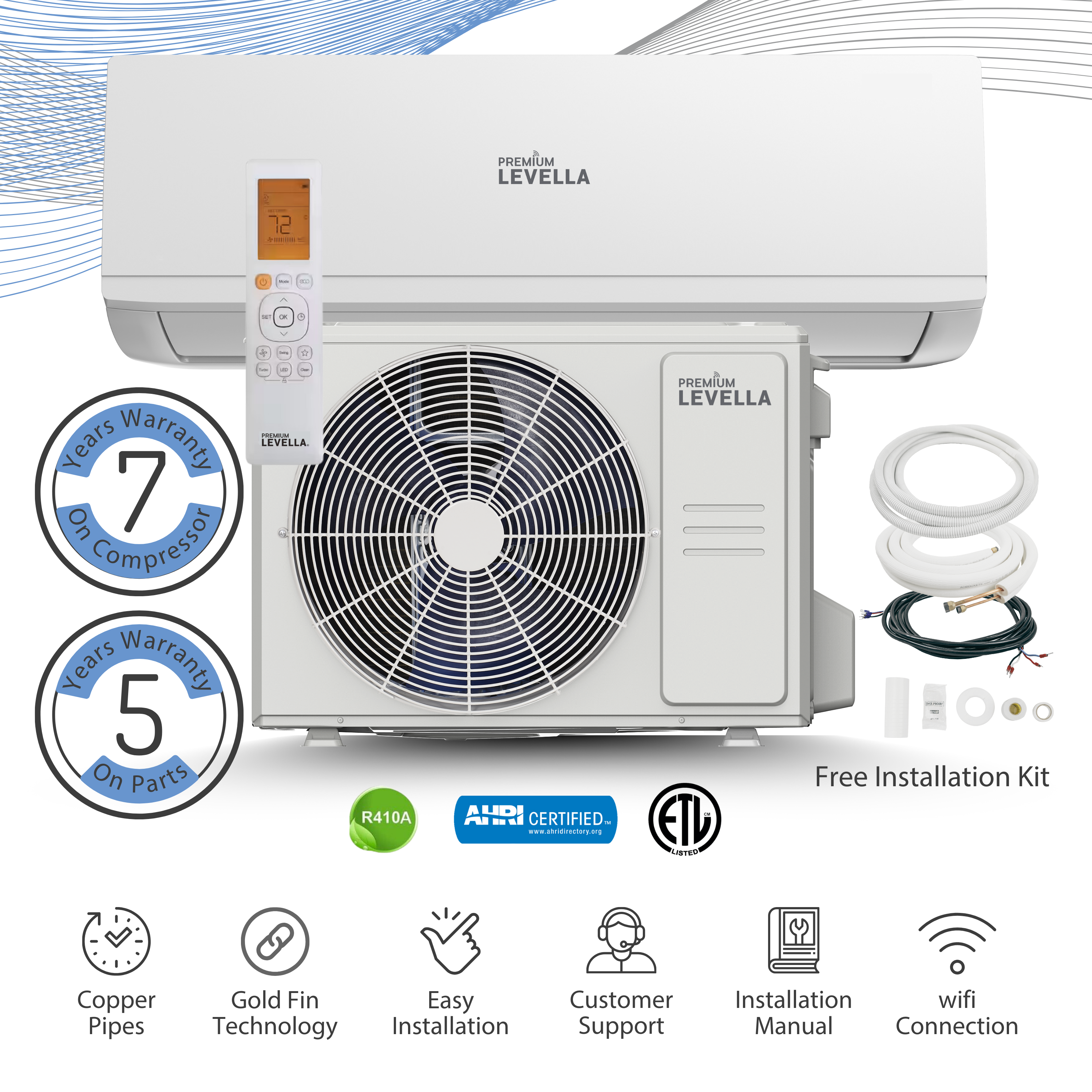 Premium Levella® 18,000 BTU 17 SEER2 Ductless Mini-Split Inverter+ Air Conditioner Heat Pump System Full Set 230V.