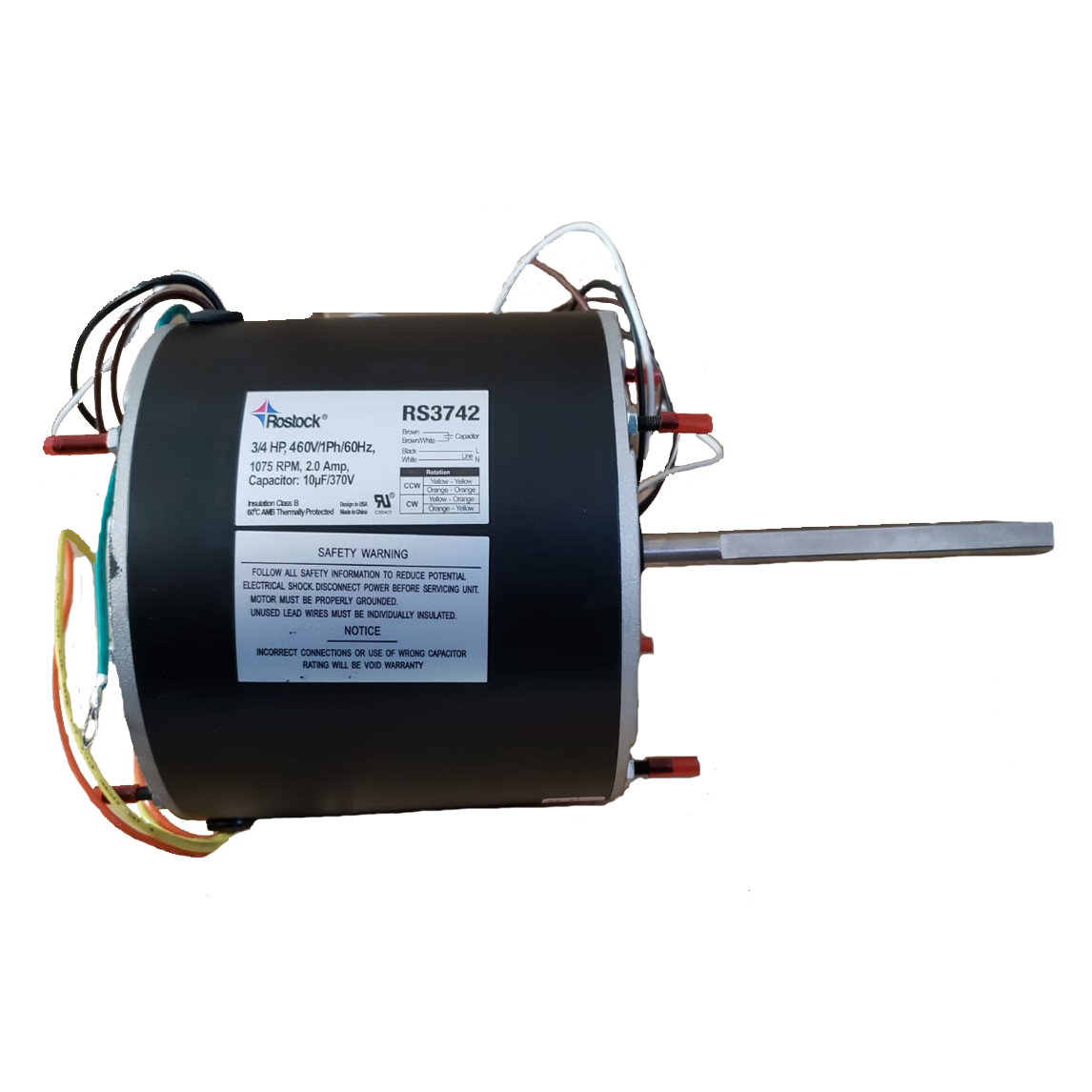 Rostock - Single Shaft A/C Condenser Fan Motor (5) 3/4 Hp 440-460V 60Hz 1075Rpm 1 Spd Cw/Ccw Shaft 1/2" Ball Bearing Frame 48 Ul Approved ***Pl=90