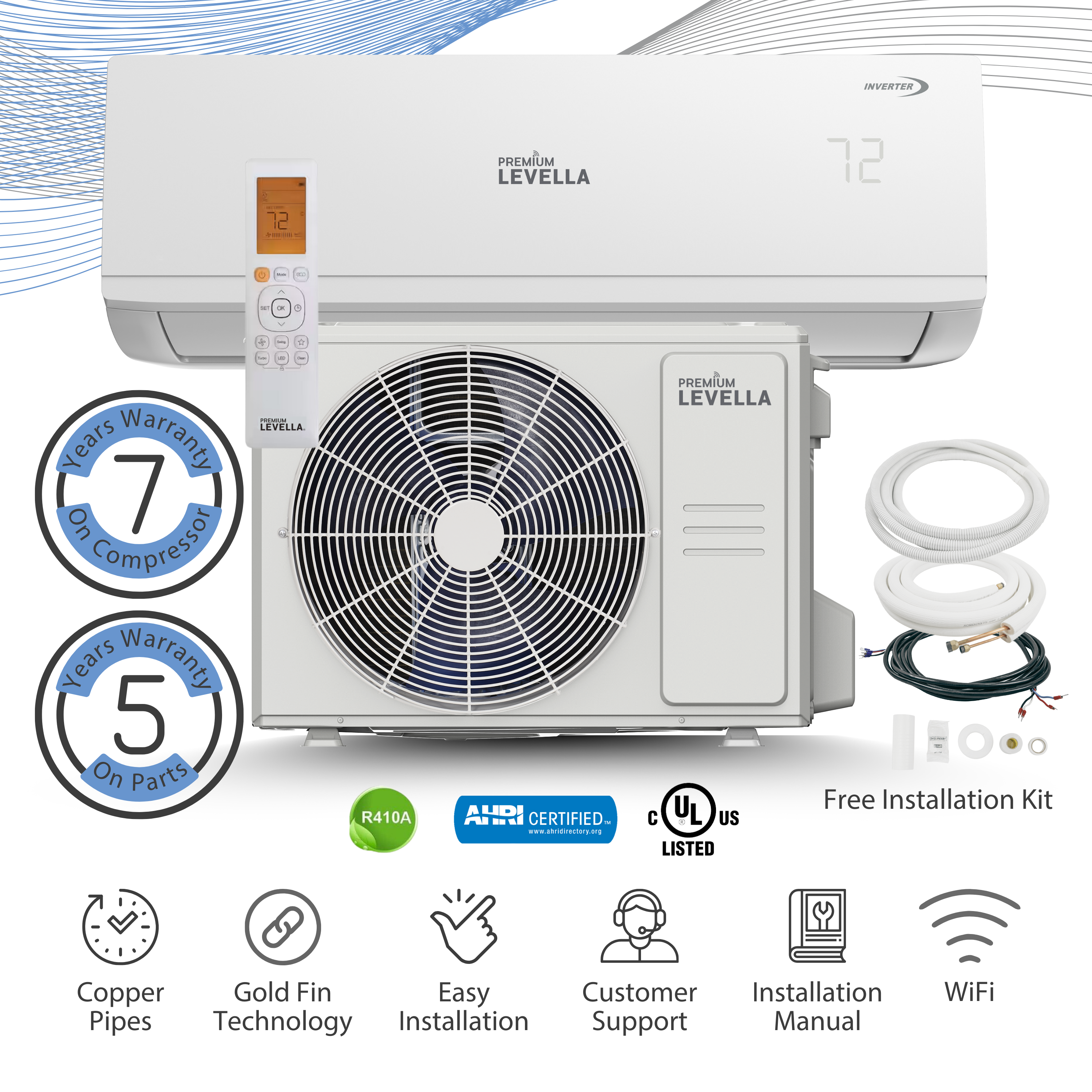 Premium Levella® 18,000 BTU 18.30 SEER2 Ductless Mini-Split Inverter+ Air Conditioner Heat Pump System Full Set 230V. WIFI Included.