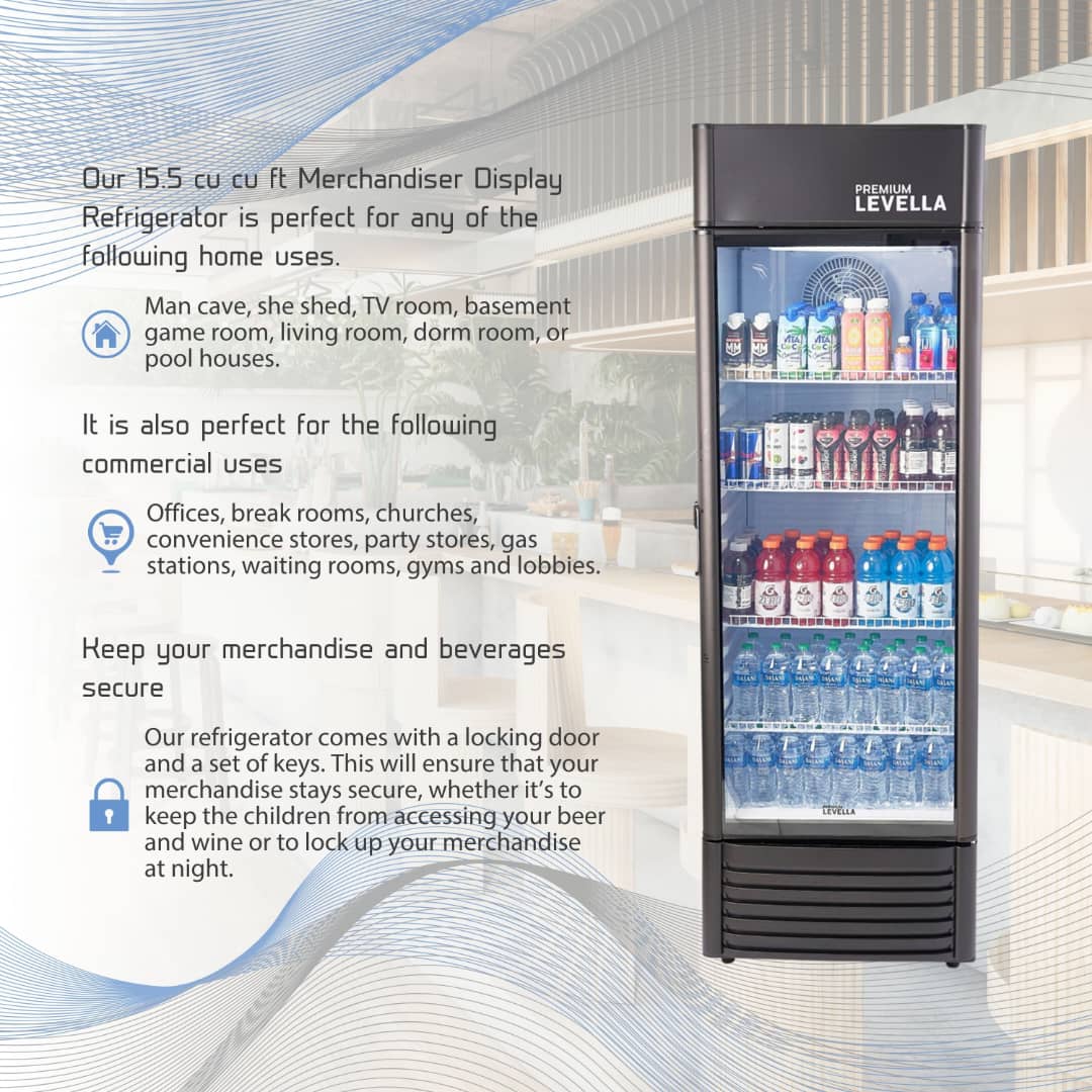 Premium Levella® 15.5 Cu. Ft. Single Glass Door Upright Display Cooler. Merchandiser Refrigerator.
